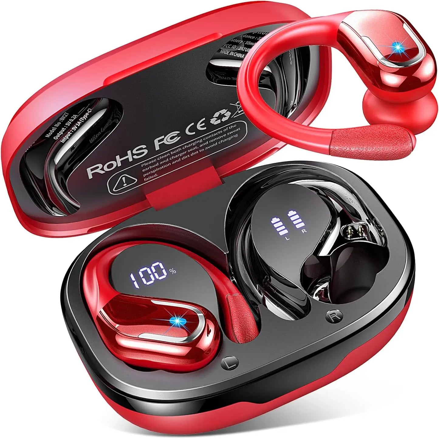 Auricolari Wireless Bluetooth 5.3 con Ganci per le Orecchie – Microfono ENC, Ideali per Sport e Chiamate