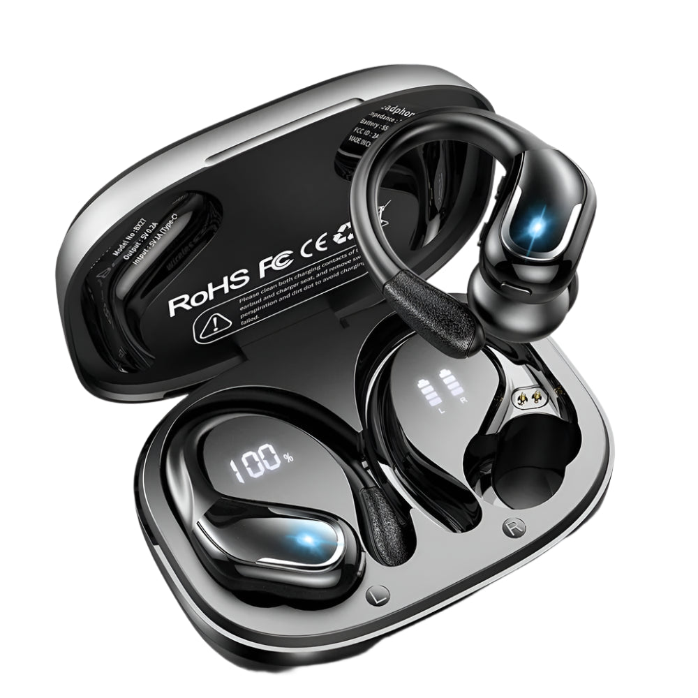 Auricolari Wireless Bluetooth 5.3 con Ganci per le Orecchie – Microfono ENC, Ideali per Sport e Chiamate